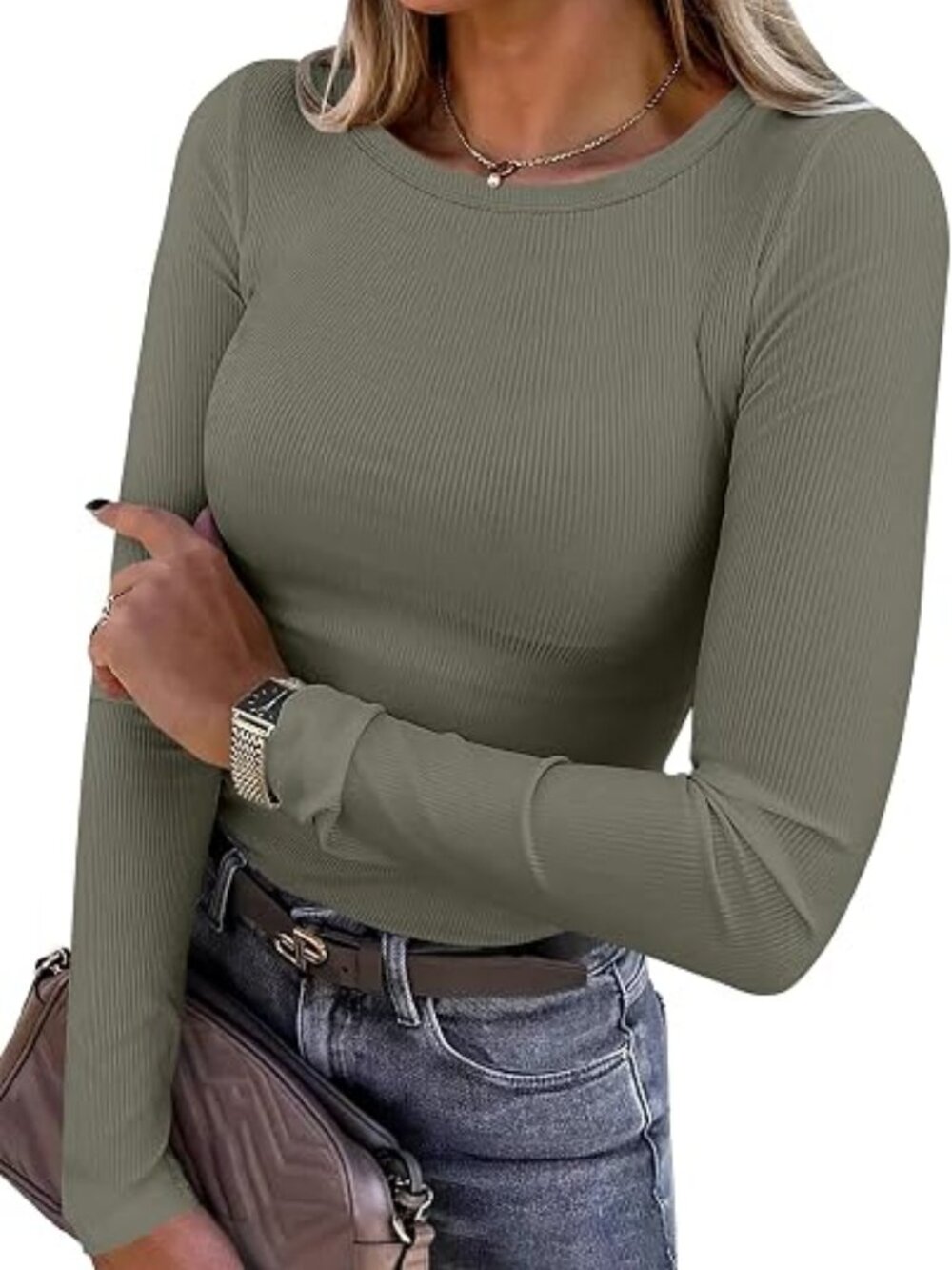 Women Long Sleeve Shirts Rib Knit Slim Fit Tops Basic Tee Spring Outfits Casual